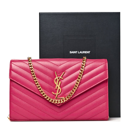 Saint Laurent Grain De Poudre Matelasse Chevron Monogram Chain Wallet Fuxia Couture 11 of 11