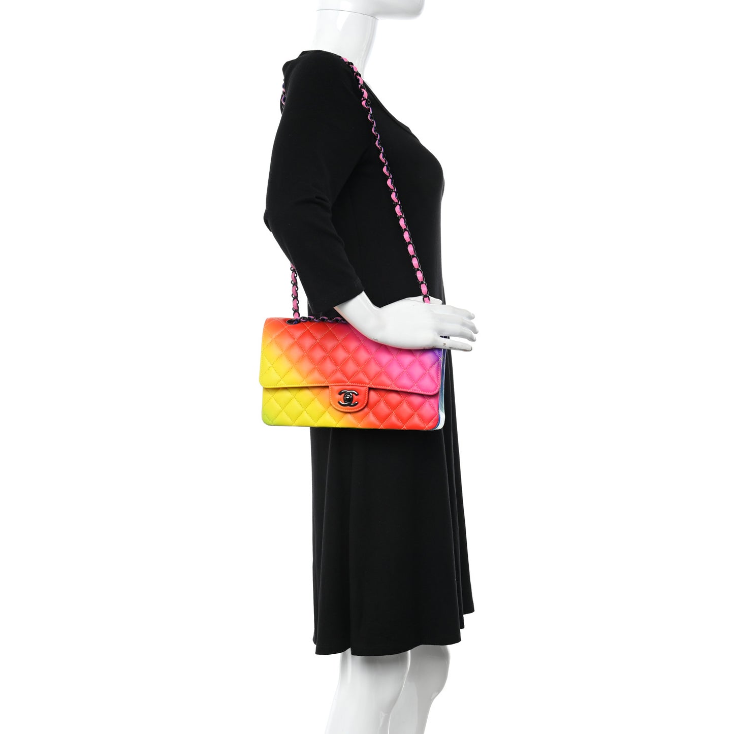 Calfskin Quilted Medium Rainbow Double Flap Multicolor