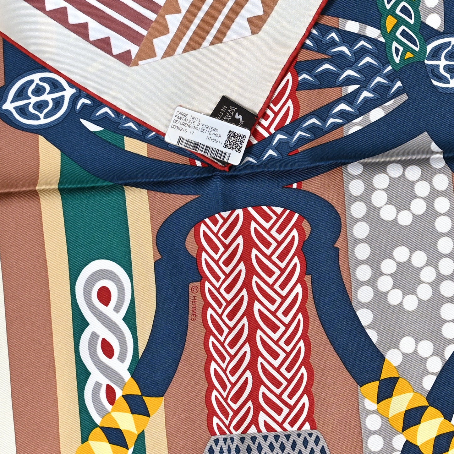Silk Fantaisie D'etriers Scarf 90 Creme Noisette Marine