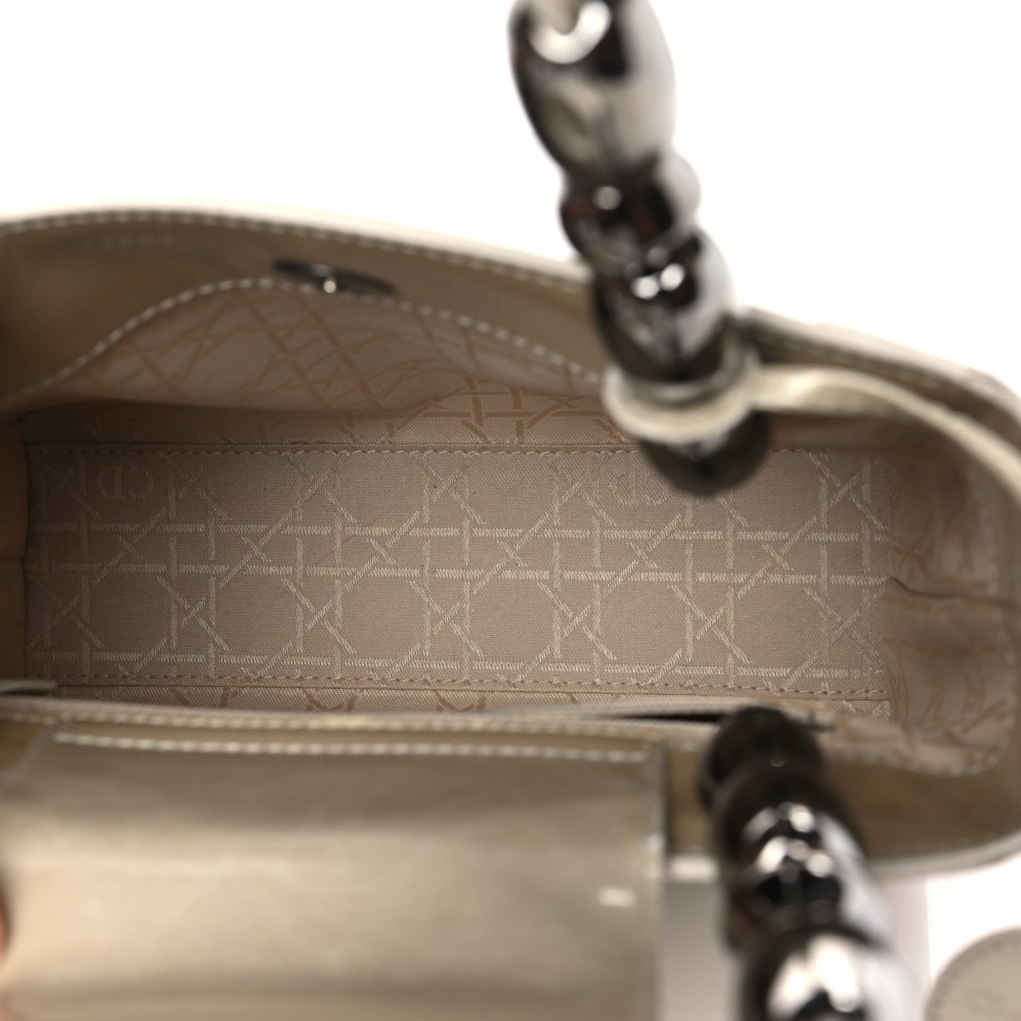 Patent Chrome Beaded Small Malice Tote Beige