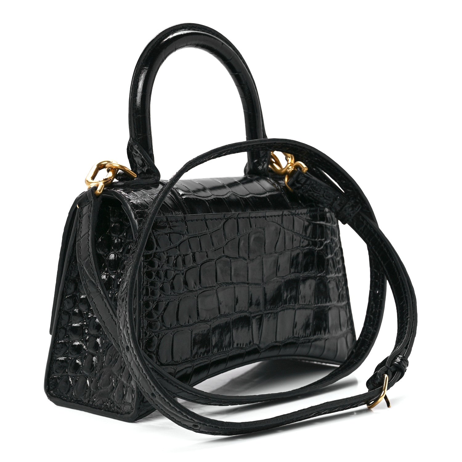 Balenciaga Shiny Calfskin Crocodile Embossed Hourglass Top Handle Bag XS Black 3 of 11