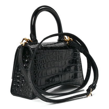 Balenciaga Shiny Calfskin Crocodile Embossed Hourglass Top Handle Bag XS Black 3 of 11