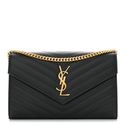Saint Laurent Grain De Poudre Matelasse Chevron Monogram Chain Wallet Black 1 of 10