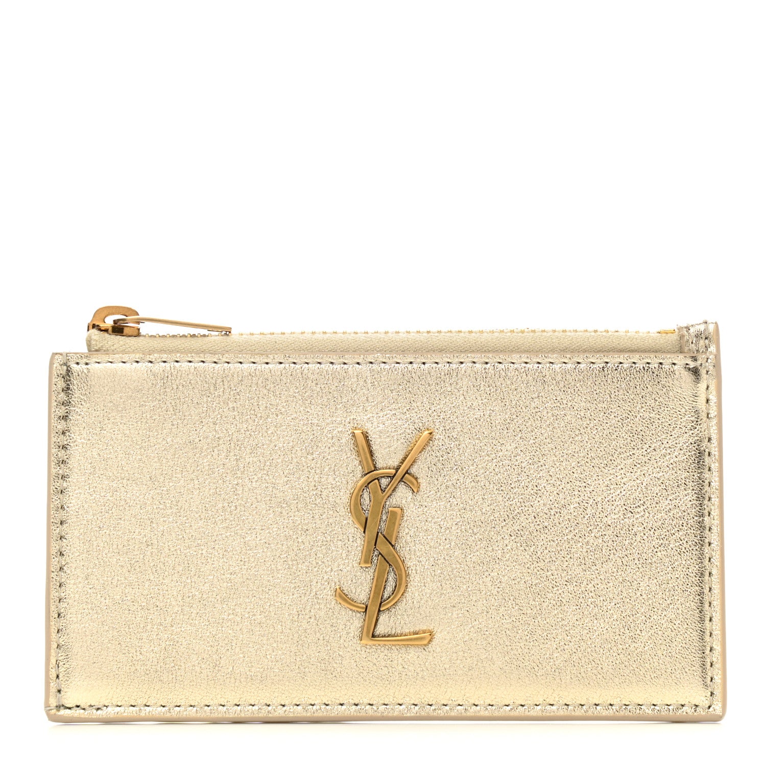 Saint Laurent Calfskin Monogram Fragments Zippered Card Case Platino 1 of 7