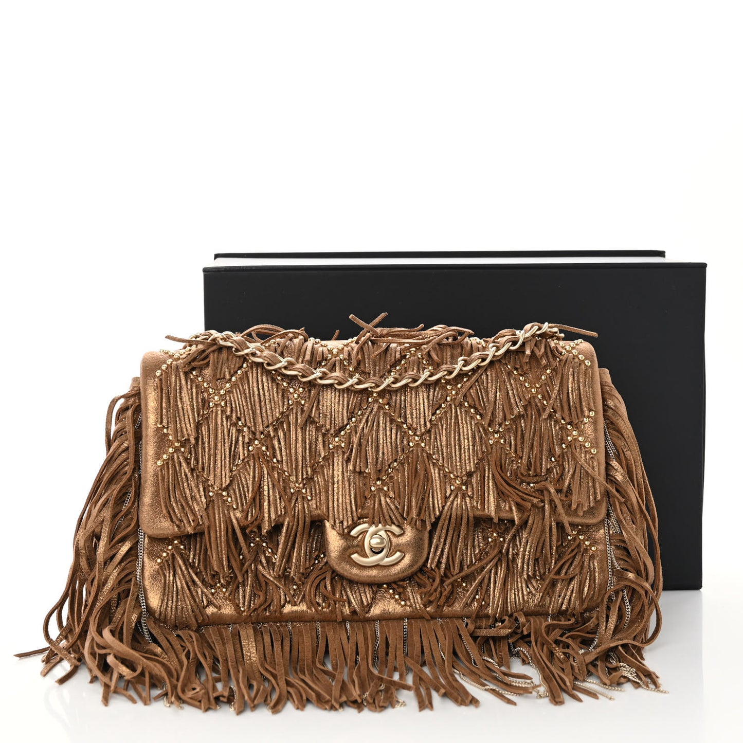 Iridescent Calfskin Quilted Studded Paris Dallas Fringe Chain Flap Bronze