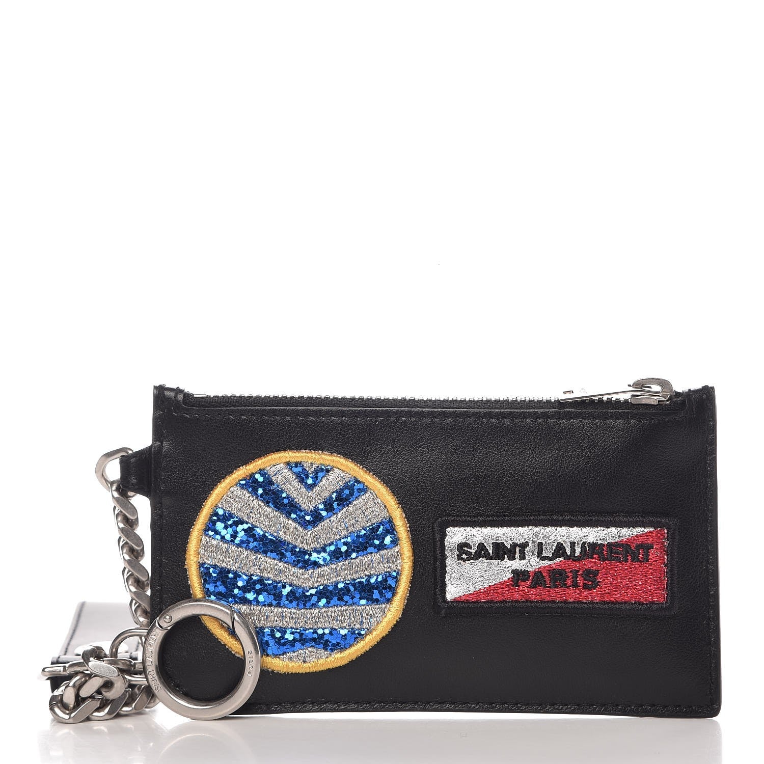 Saint Laurent Calfskin Paris Rainbow Fragments Zip Pouch Card Holder Black 1 of 8