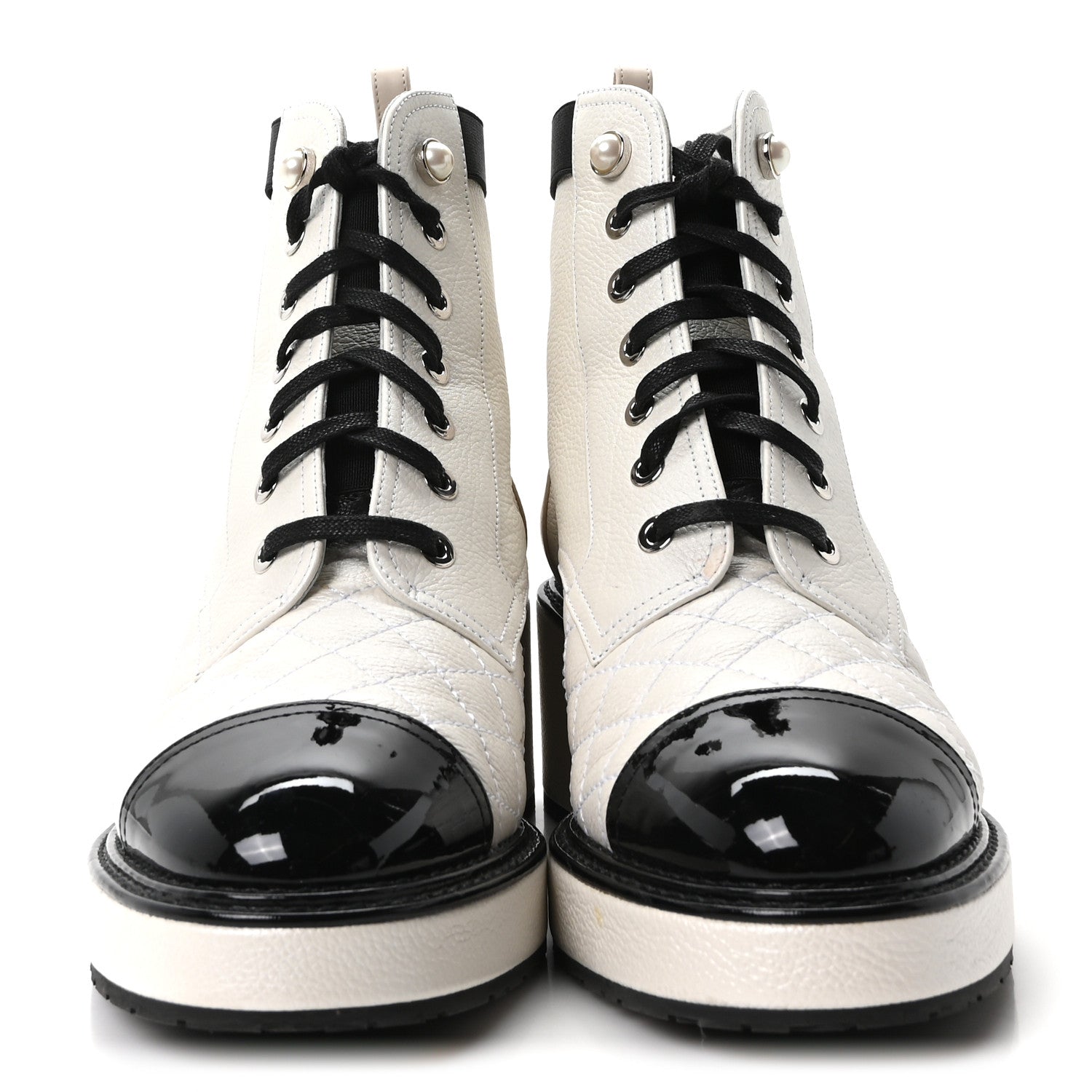 Chanel Pearly Calfskin Patent Calfskin Quilted Lace Up Boots 38 White Light Gray Black 3 of 10