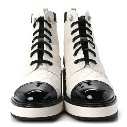 Chanel Pearly Calfskin Patent Calfskin Quilted Lace Up Boots 38 White Light Gray Black 3 of 10