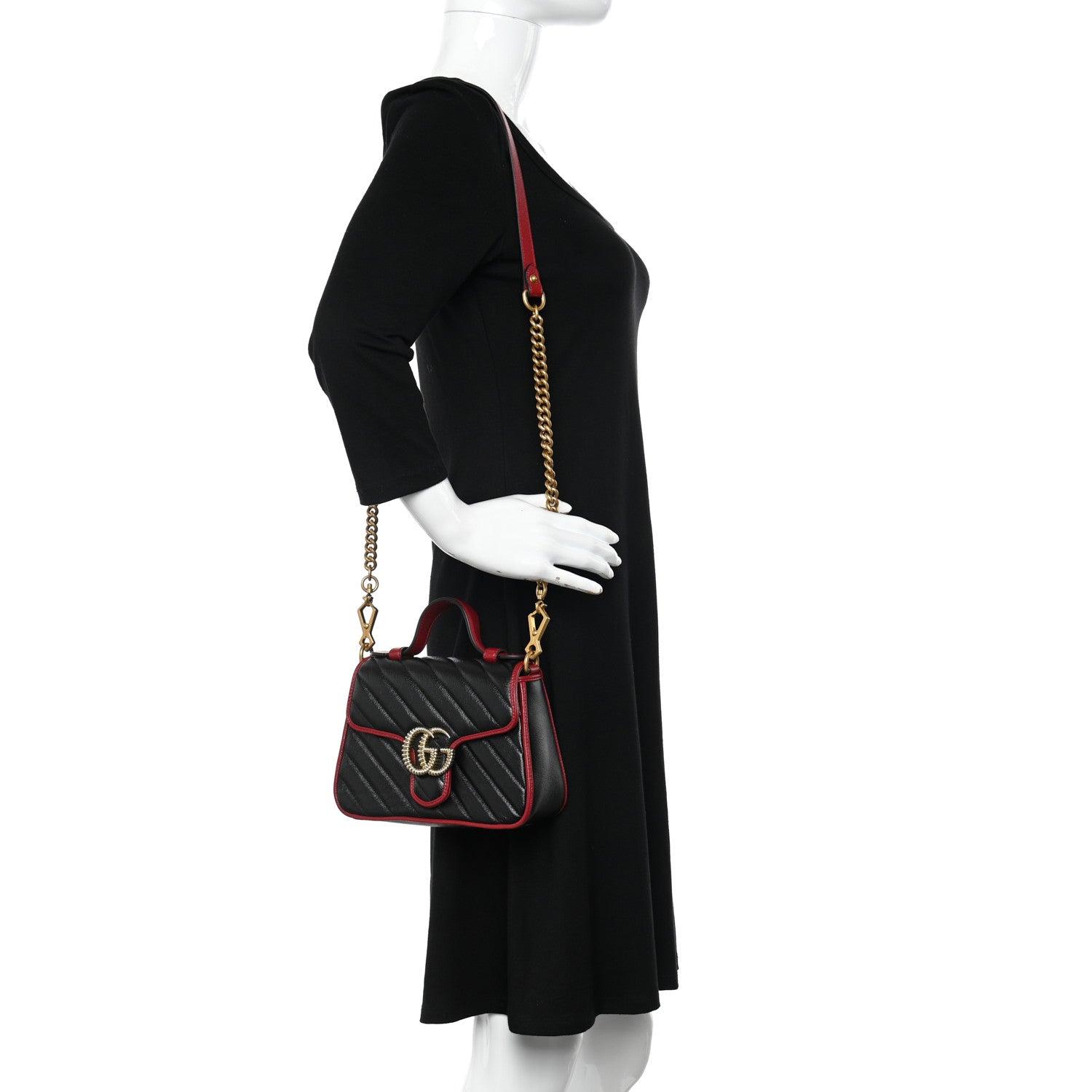 Gucci Vintage Effect Calfskin Matelasse Diagonal Mini Torchon GG Marmont Top Handle Shoulder Bag Black Romantic Cherry 2 of 10