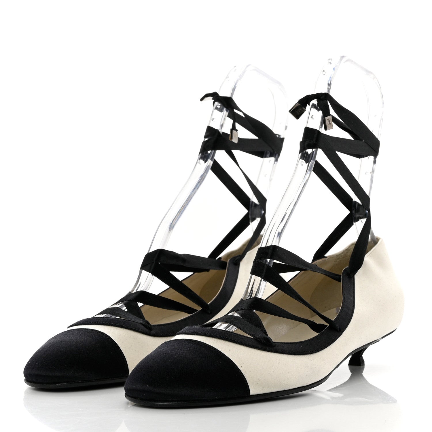 Chanel Fabric Cap Toe CC Ballerina Ankle Wrap Pumps 40 White Black 3 of 7