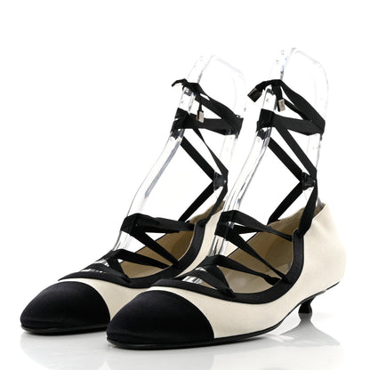 Chanel Fabric Cap Toe CC Ballerina Ankle Wrap Pumps 40 White Black 3 of 7