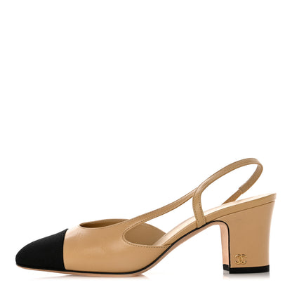 Chanel Goatskin Grosgrain Cap Toe CC Slingback Pumps 36.5 Beige Black 1 of 9