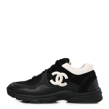 Chanel Mesh Suede Calfskin Grained Calfskin Womens CC Sneakers 39.5 White Black 1 of 7
