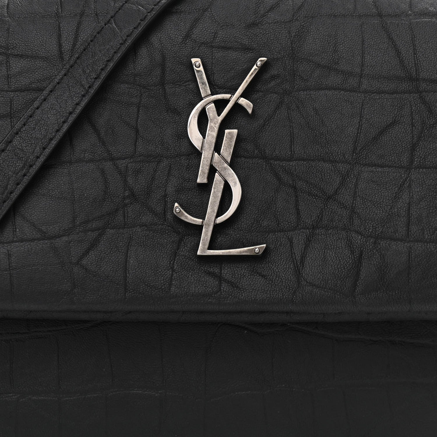 Saint Laurent Calfskin Crocodile Embossed Medium West Hollywood Monogram Fold-Over Black 8 of 11