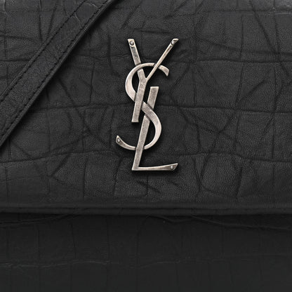 Saint Laurent Calfskin Crocodile Embossed Medium West Hollywood Monogram Fold-Over Black 8 of 11