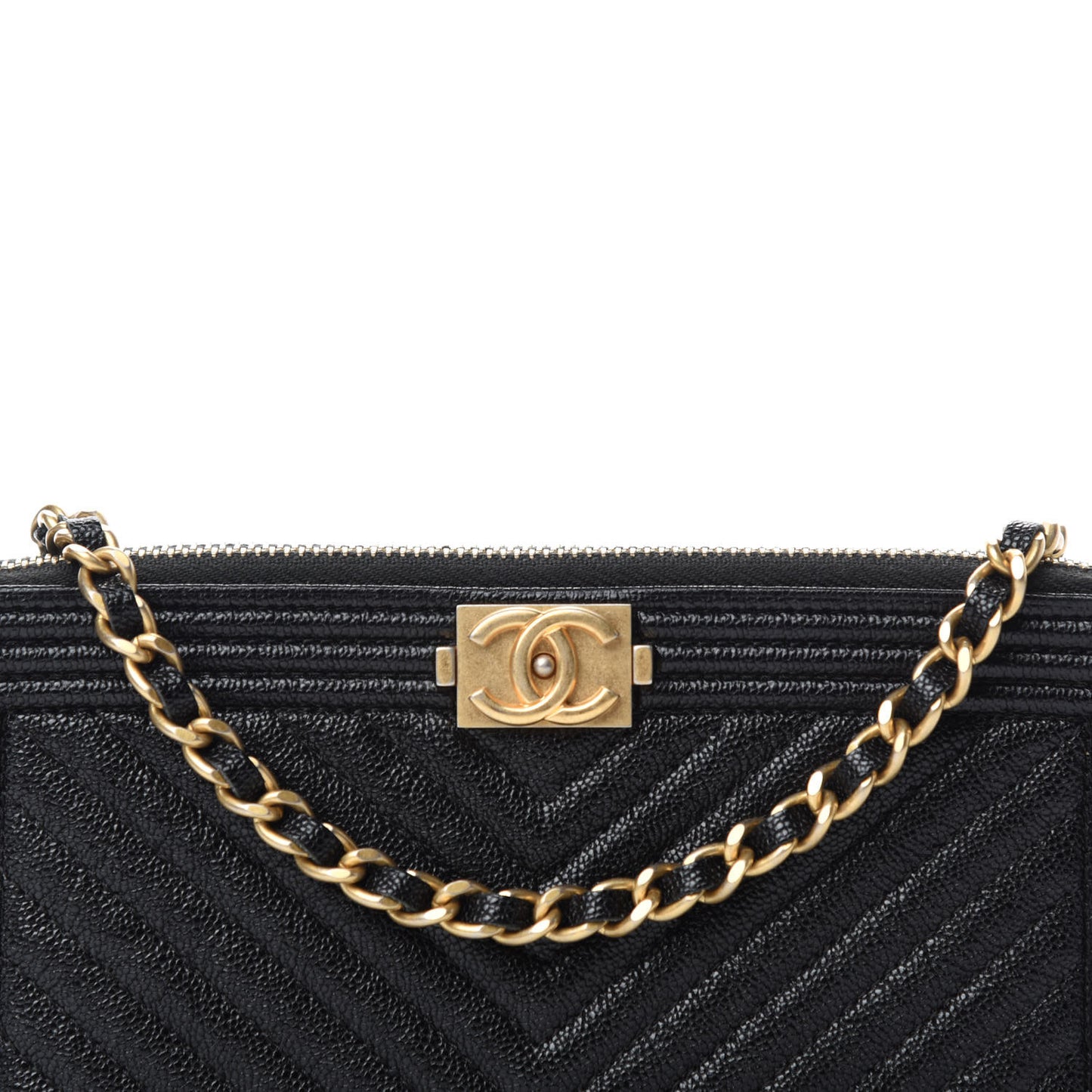 Caviar Chevron Small Boy Clutch With Chain Black