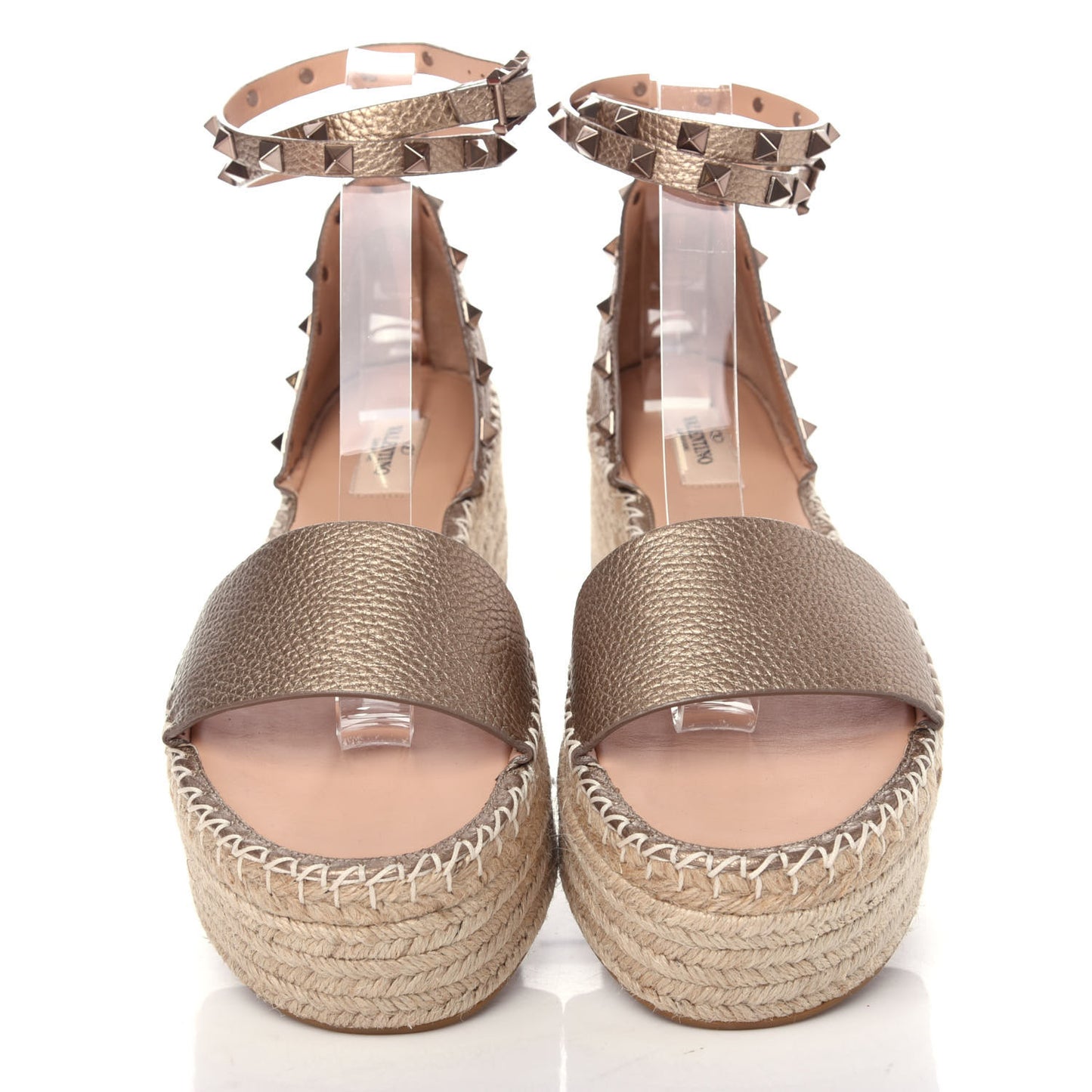 Metallic Grained Calfskin Rockstud Ankle Wrap Espadrille Flatform Sandals 41 Skin Natural