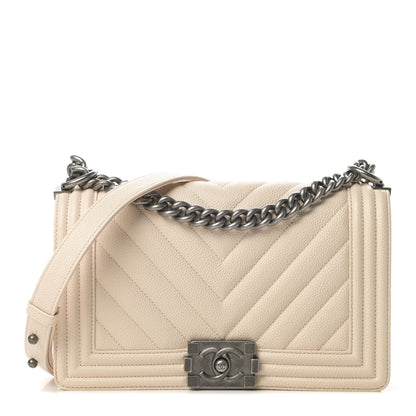 Chanel Caviar Chevron Quilted Medium Boy Flap Light Beige 1 of 11