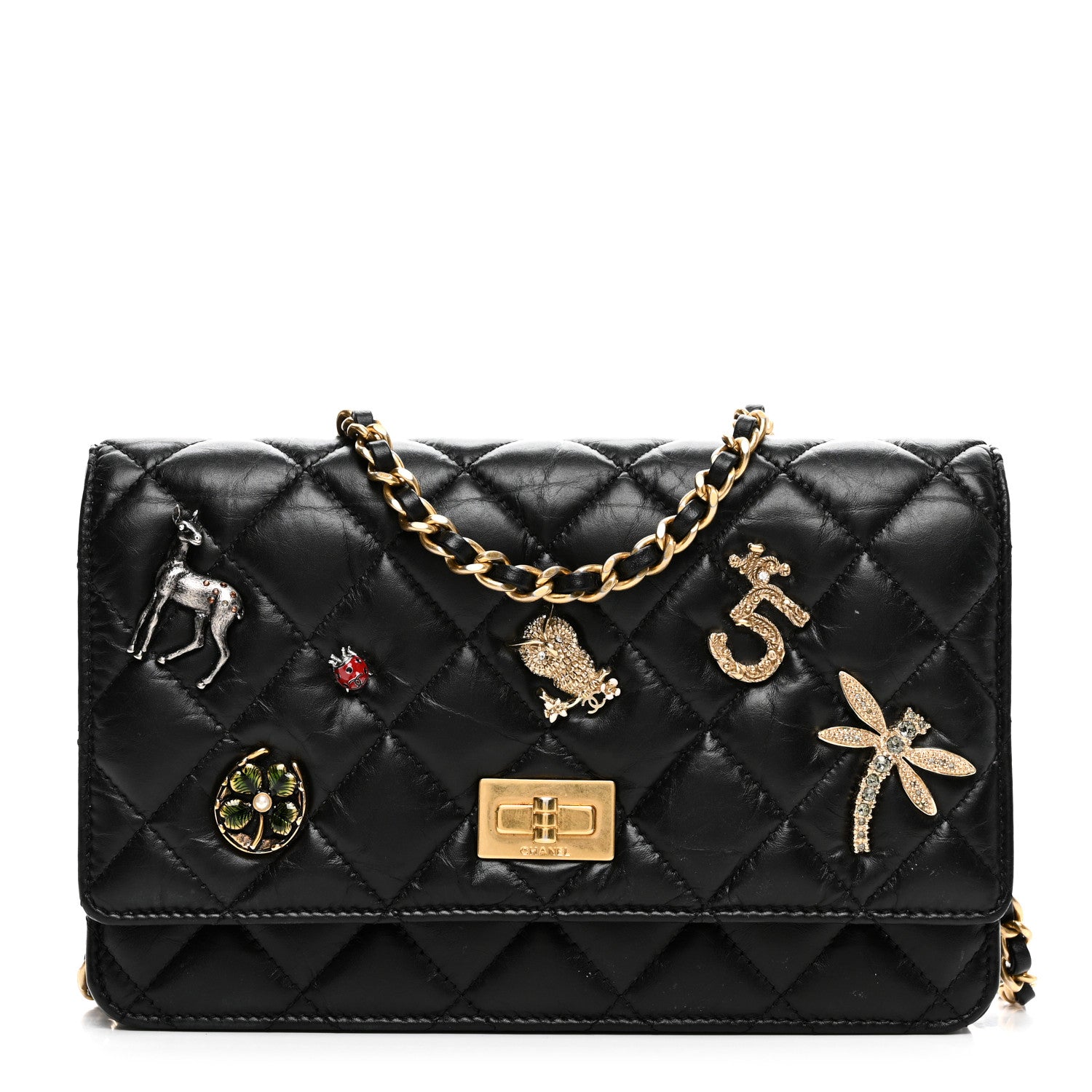 Chanel Aged Calfskin Quilted Lucky Charms 2.55 Reissue Wallet On Chain WOC Black 1 of 12