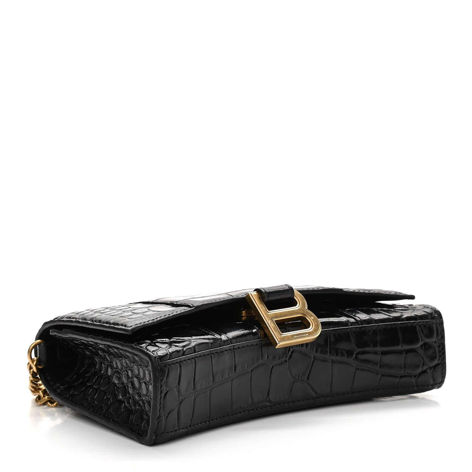 Balenciaga Shiny Calfskin Crocodile Embossed Hourglass Chain Bag Black 3 of 10