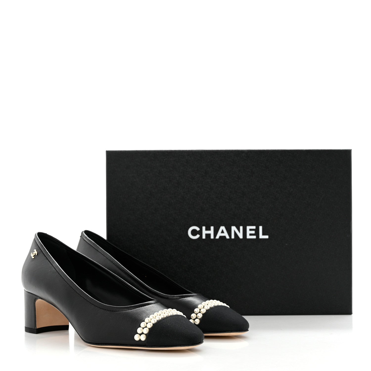 Chanel Lambskin Grosgrain Pearl Cap Toe CC Pumps 37 Black 9 of 9