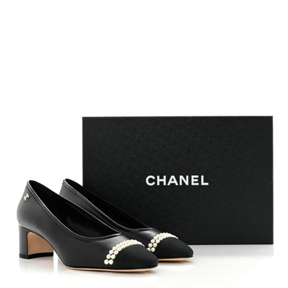Chanel Lambskin Grosgrain Pearl Cap Toe CC Pumps 37 Black 9 of 9