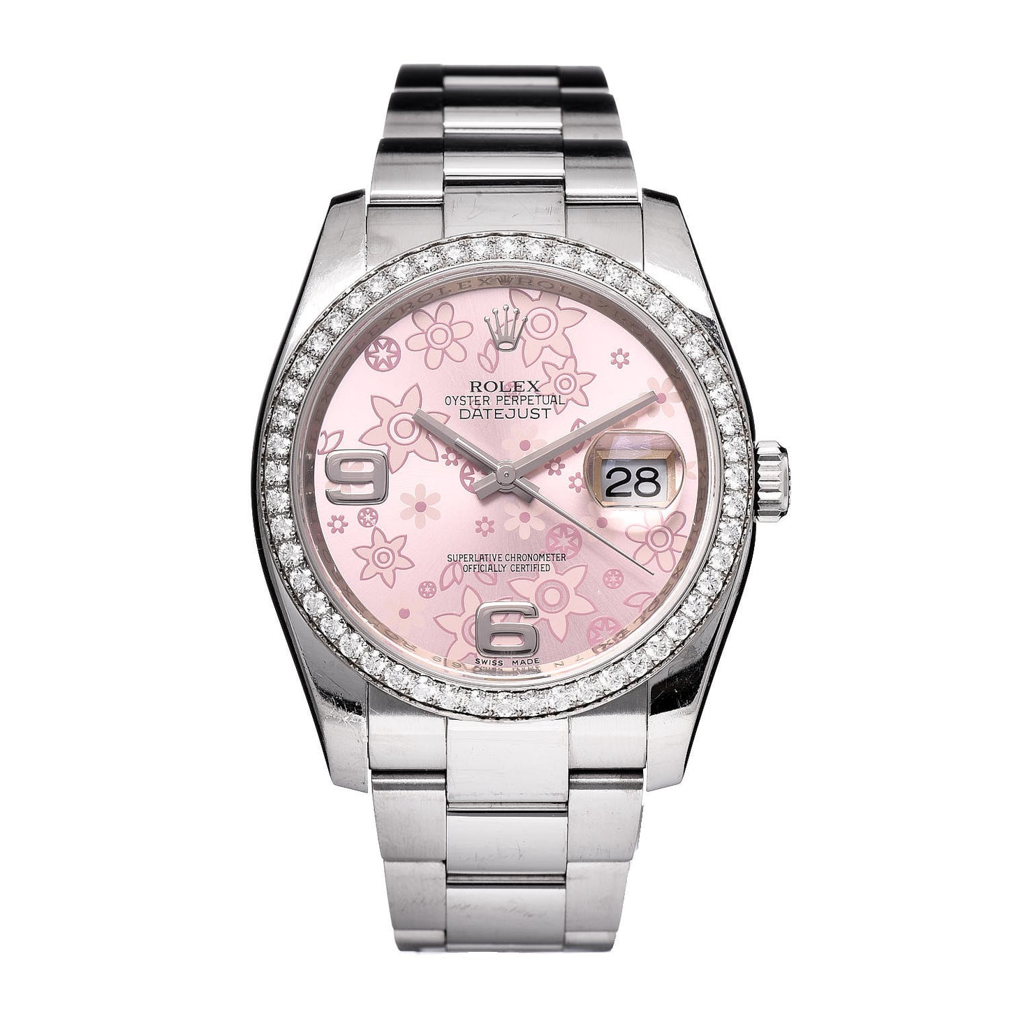 Stainless Steel 18K White Gold Diamond 36mm Oyster Perpetual Datejust Watch Pink Flowers 116244