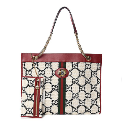 Gucci Tweed GG Monogram Large Rajah Chain Tote White Black Romantic Cherry 1 of 10