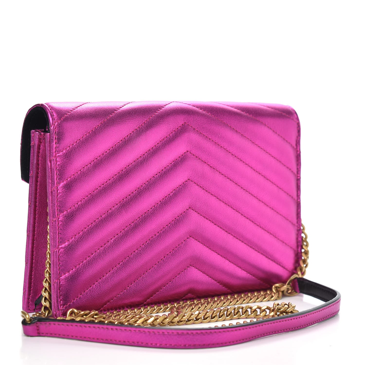 Saint Laurent Metallic Calfskin Matelasse Chevron Monogram Envelope Chain Wallet Fuchsia 3 of 10