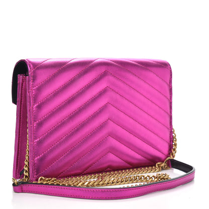 Saint Laurent Metallic Calfskin Matelasse Chevron Monogram Envelope Chain Wallet Fuchsia 3 of 10