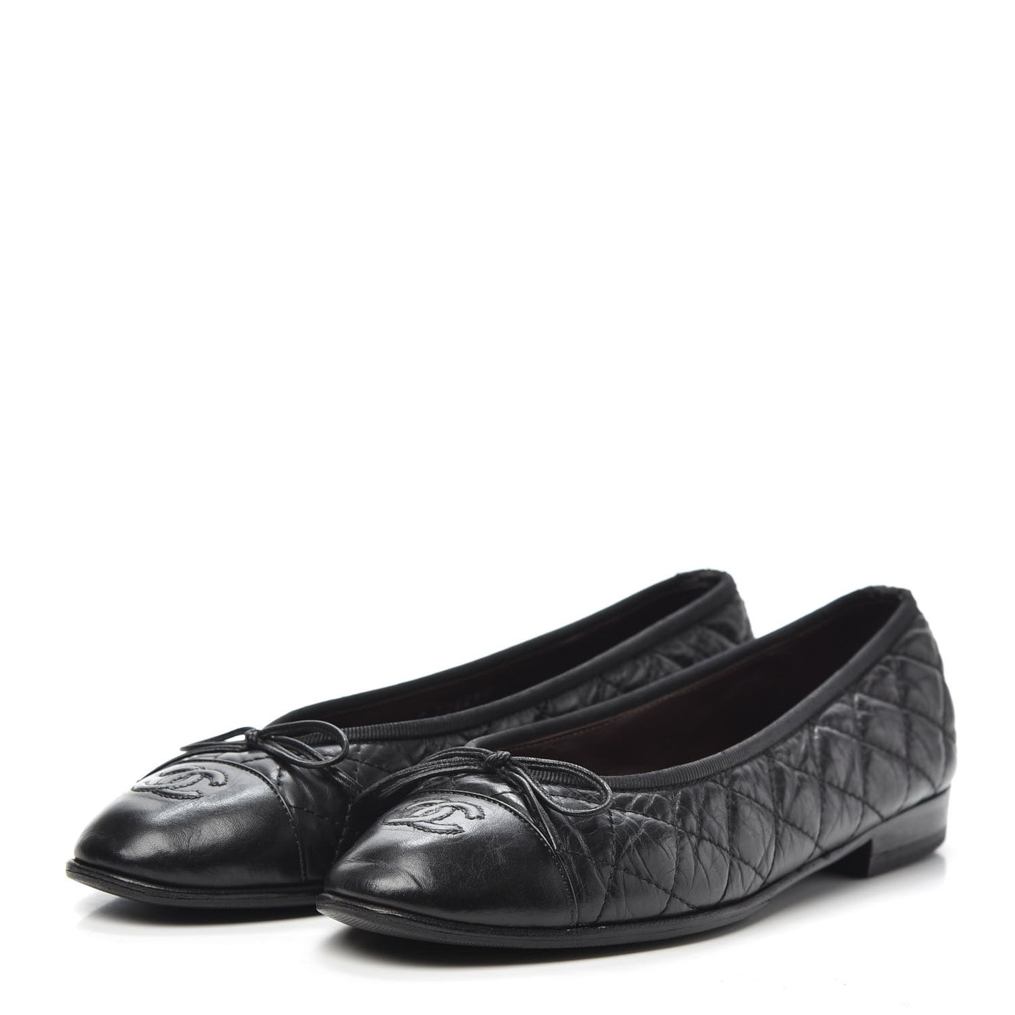 Aged Calfskin Quilted CC Cap Toe Ballerina Flats 37.5 Black