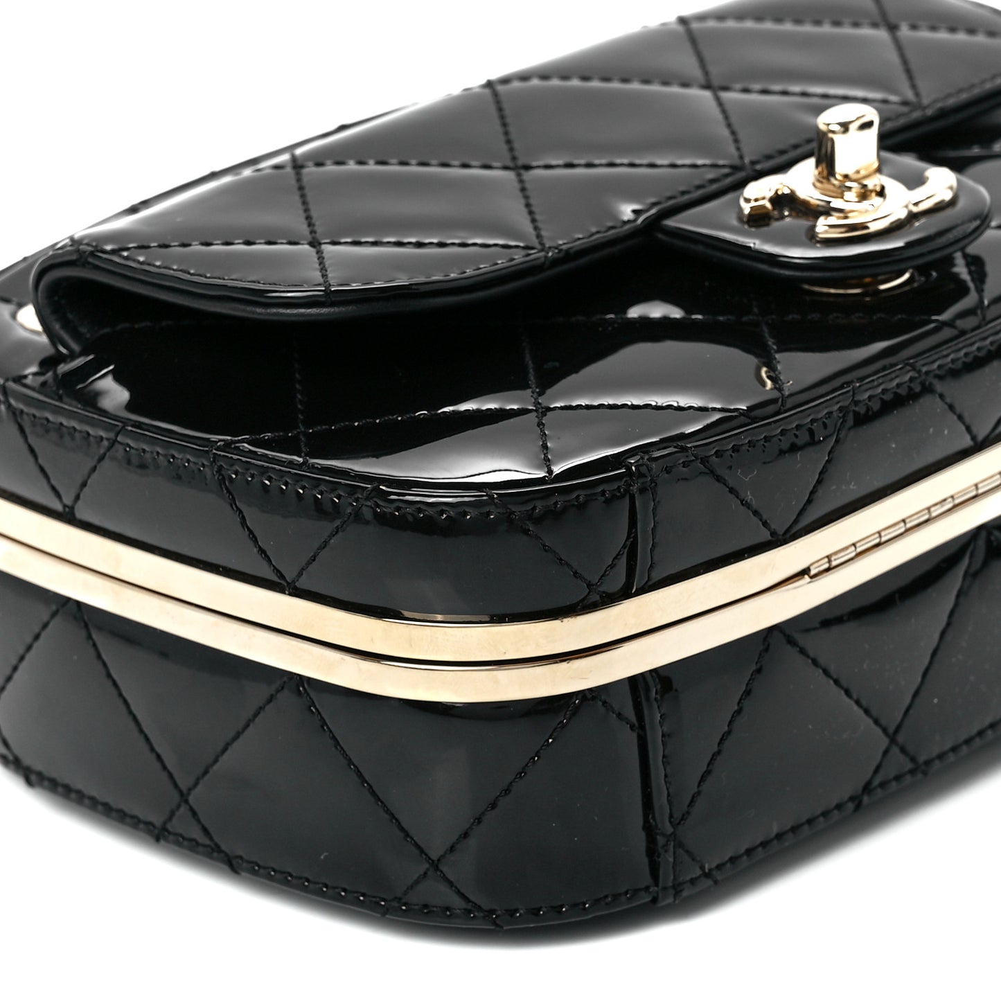 Patent Calfskin Quilted Mini Camera Case Black
