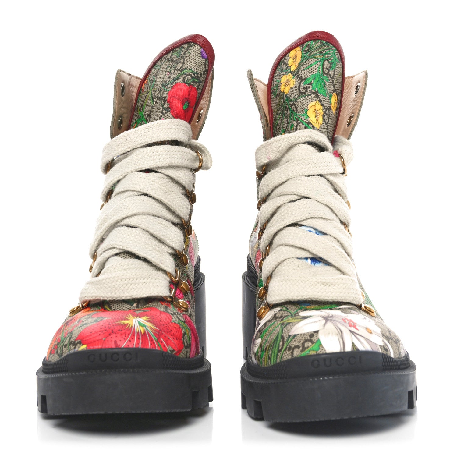 Gucci GG Supreme Monogram Flora Lace Up Combat Ankle Boots 39 Beige Multicolor Red 2 of 10