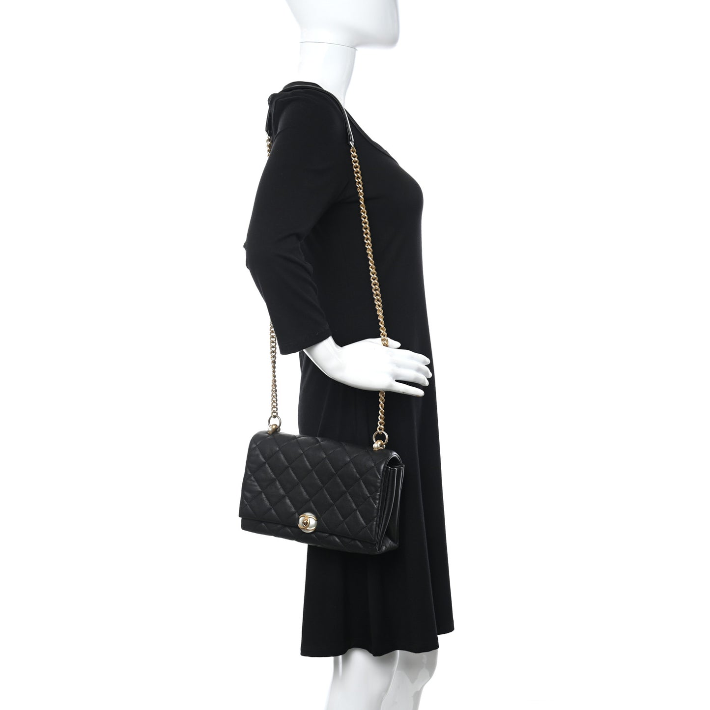 Calfskin Quilted Accordion Pearl CC Small Flap Bag Black