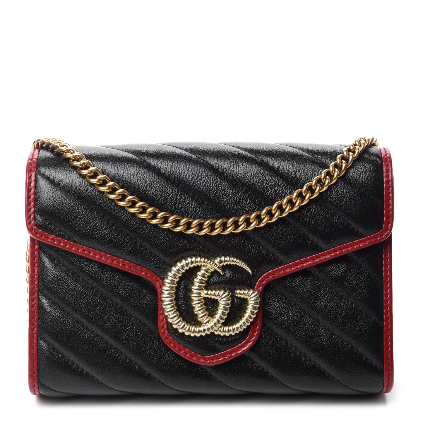 Vintage Effect Calfskin Matelasse Diagonal Torchon GG Marmont Chain Wallet Black Romantic Cherry