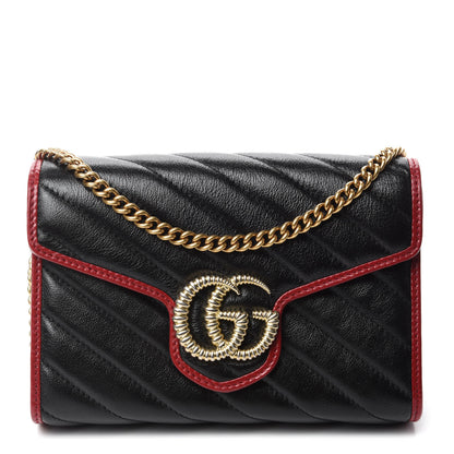 Gucci Vintage Effect Calfskin Matelasse Diagonal Torchon GG Marmont Chain Wallet Black Romantic Cherry 1 of 11