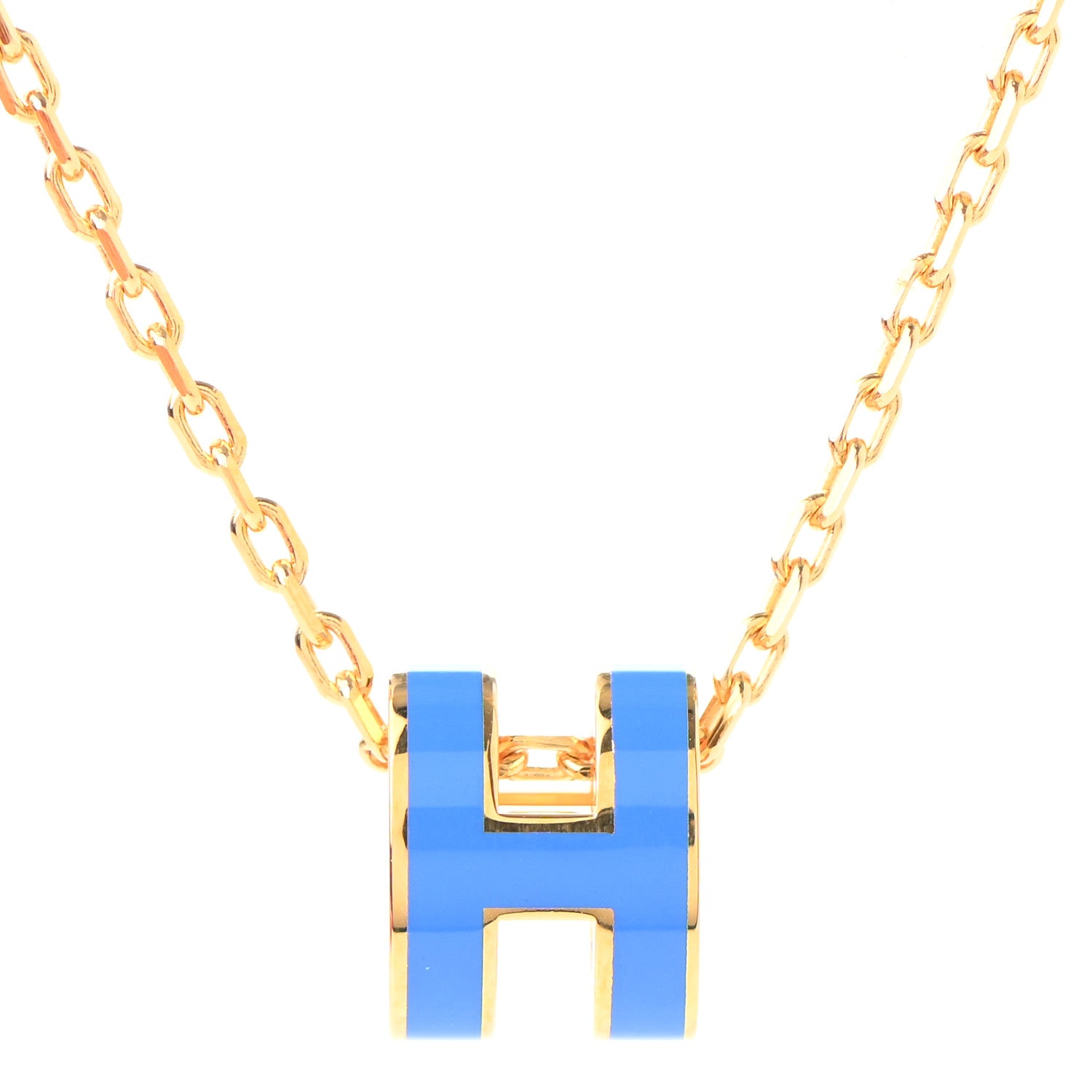 Hermes Lacquered Gold Mini Pop H Pendant Necklace Bleu Sature 4 of 7
