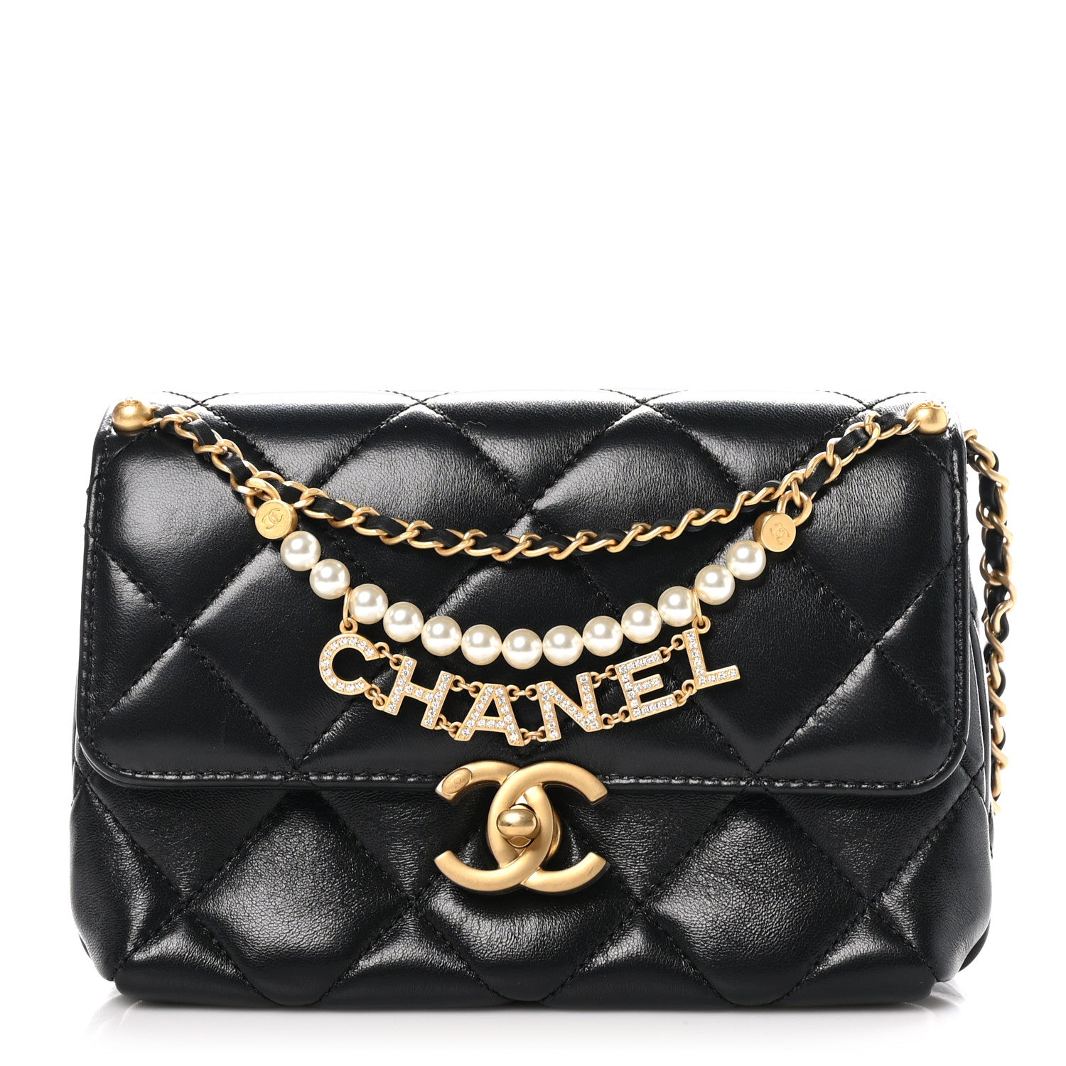 Chanel Shiny Lambskin Quilted Mini Pearl Logo Flap Black 1 of 10