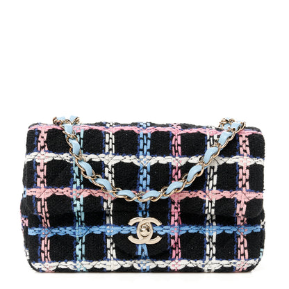 Chanel Tweed Quilted Mini Rectangular Flap Black Pink Blue Ecru 1 of 12