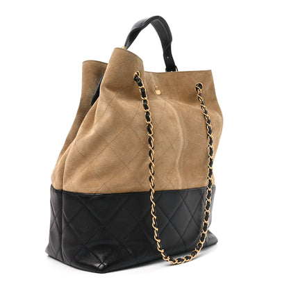 Chanel Suede Calfskin Shiny Lambskin Quilted Large Coco Base Shopping Bag Beige Black 3 of 10