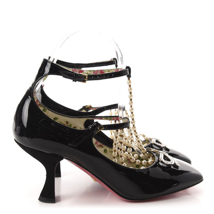 Gucci Patent Pearl Taide T-Strap Mid Heel Pumps 37 Black 4 of 10