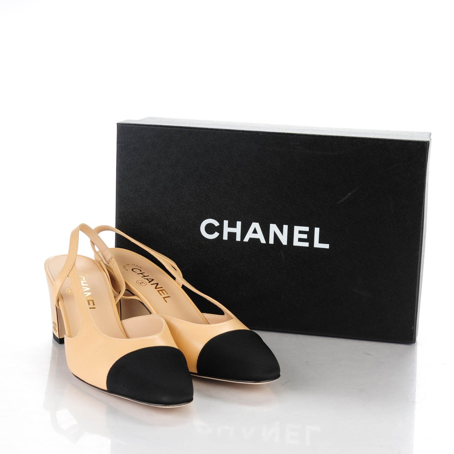 Chanel Goatskin Grosgrain Cap Toe CC Slingback Sandals 38 Beige Black 7 of 7