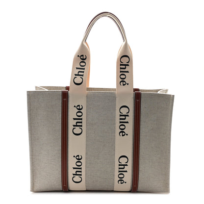 Chloe Cotton Calfskin Large Woody Ribbon Tote White Brown 1 of 9
