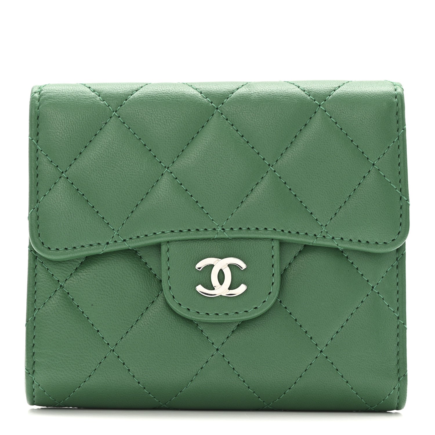 Chanel Lambskin Quilted Compact Flap Wallet Green 1 of 10