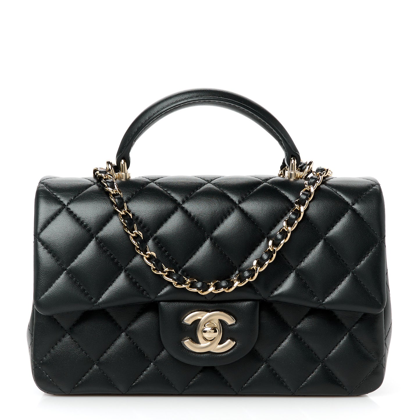 Lambskin Quilted Mini Top Handle Rectangular Flap Black