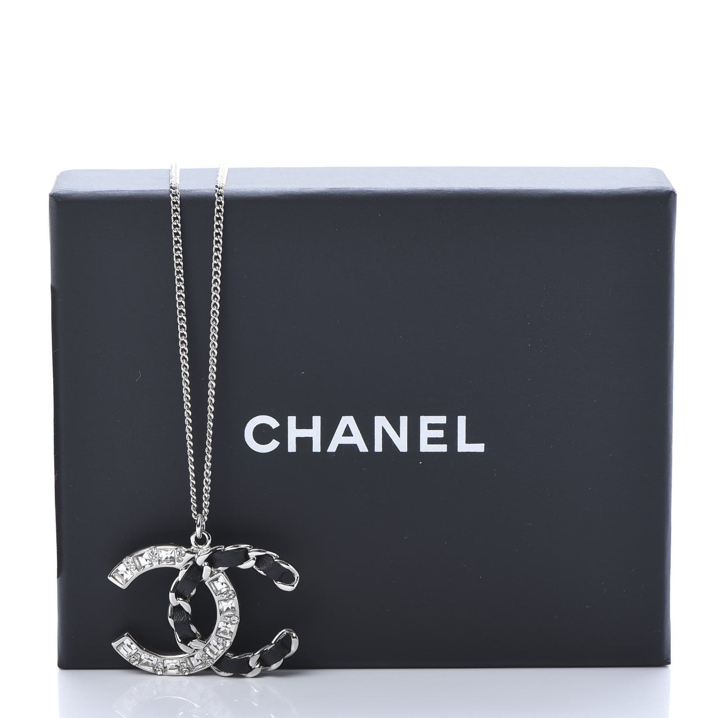 Lambskin Baguette Crystal CC Necklace Black Silver