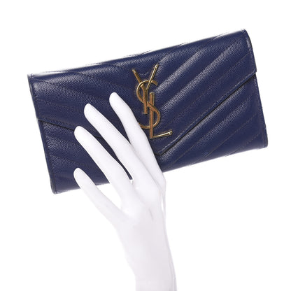 Saint Laurent Grain De Poudre Matelasse Chevron Monogram Flap Wallet Navy 2 of 8