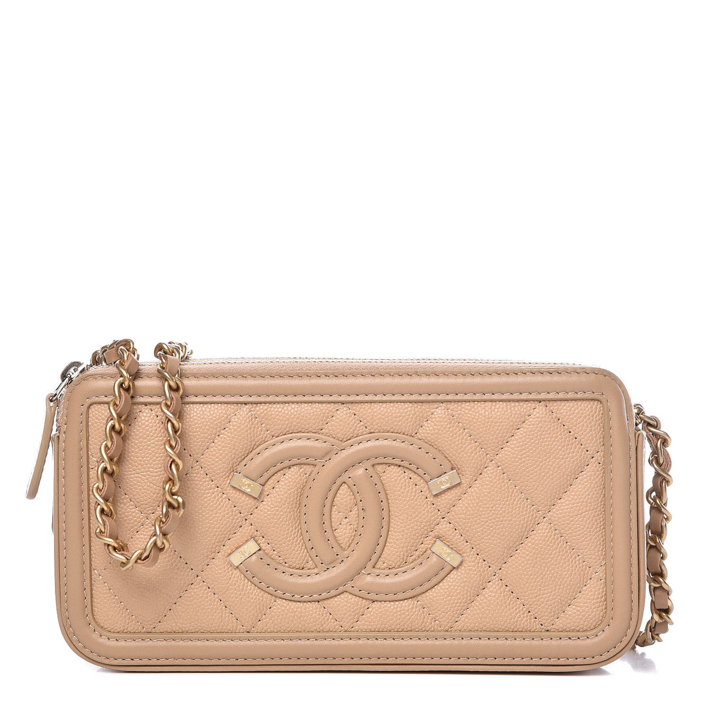 Caviar Quilted CC Filigree Clutch With Chain Beige