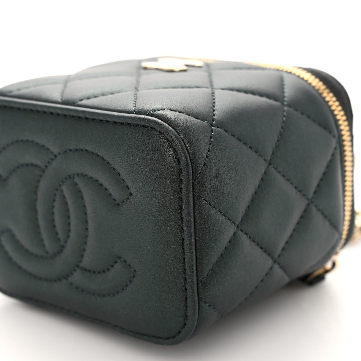 Iridescent Lambskin Quilted Mini Top Handle Vanity Case With Chain Dark Green