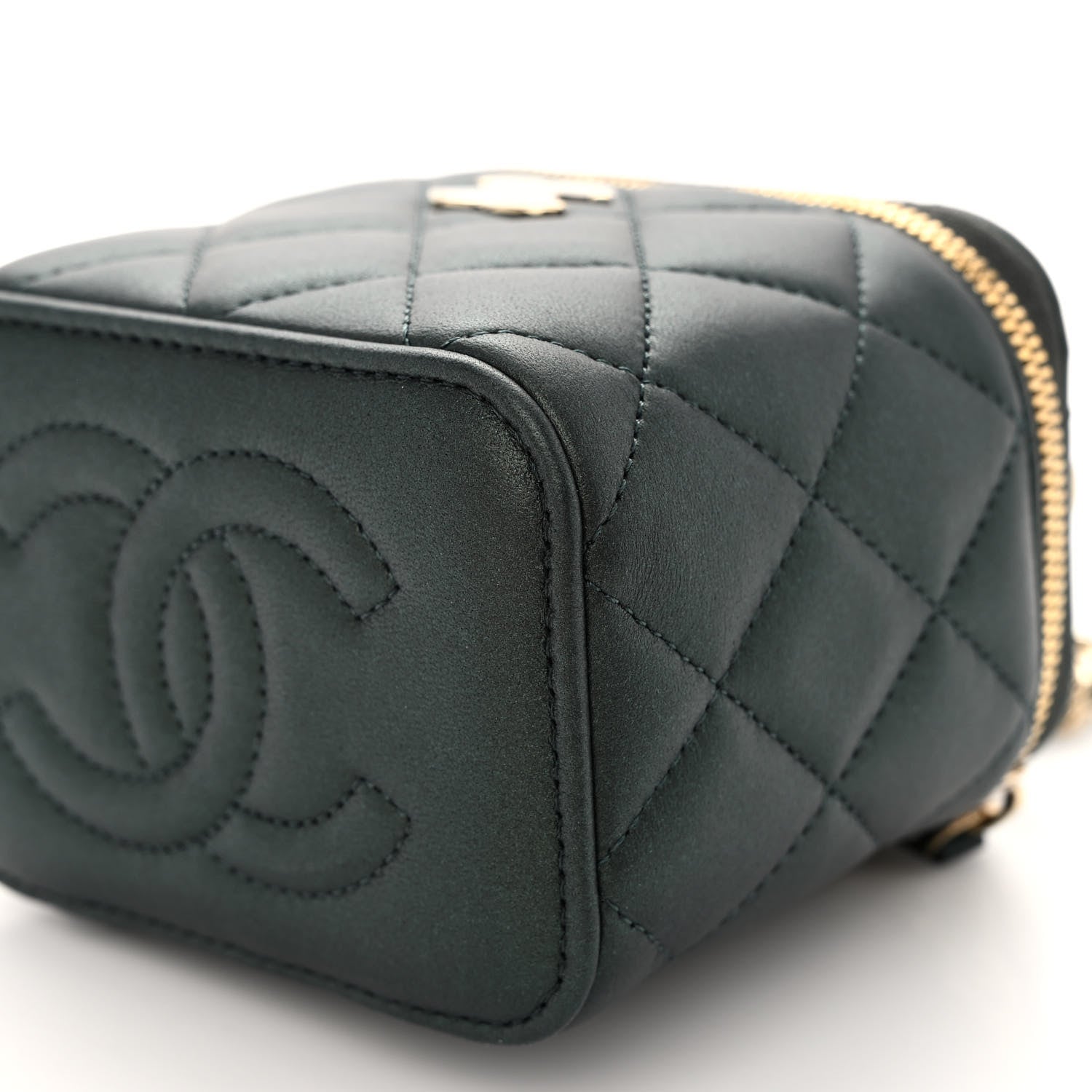 Chanel Iridescent Lambskin Quilted Mini Top Handle Vanity Case With Chain Dark Green 10 of 10